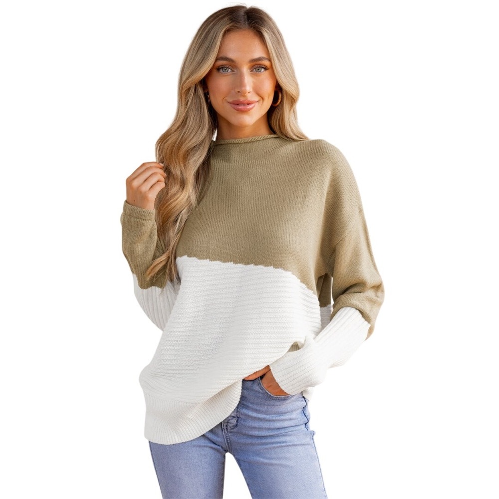 Cupshe Women's Tan White Colorblock Ribbed Mock Neck Sweater Size‎ S